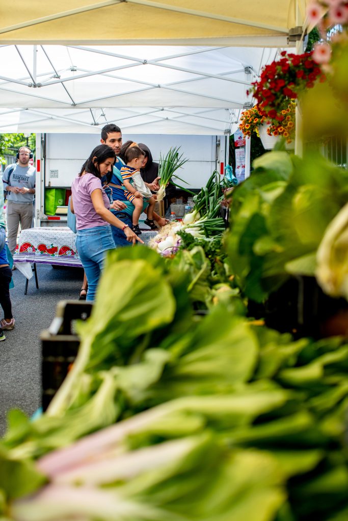 Family choosing produce at the farmers market Food is medicine 