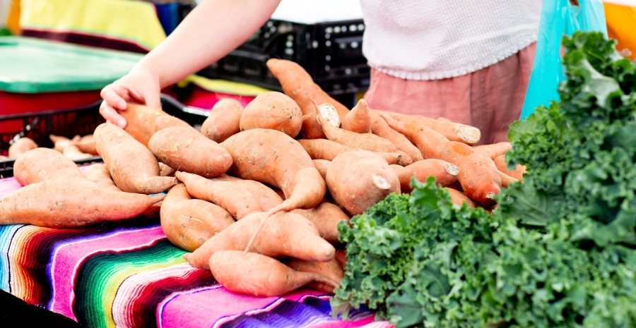 Shopper selecting sweet potatoes at a farmers market Food is medicine Produce prescription