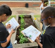 two students observe a garden bed while referencing a handout on a clipboard