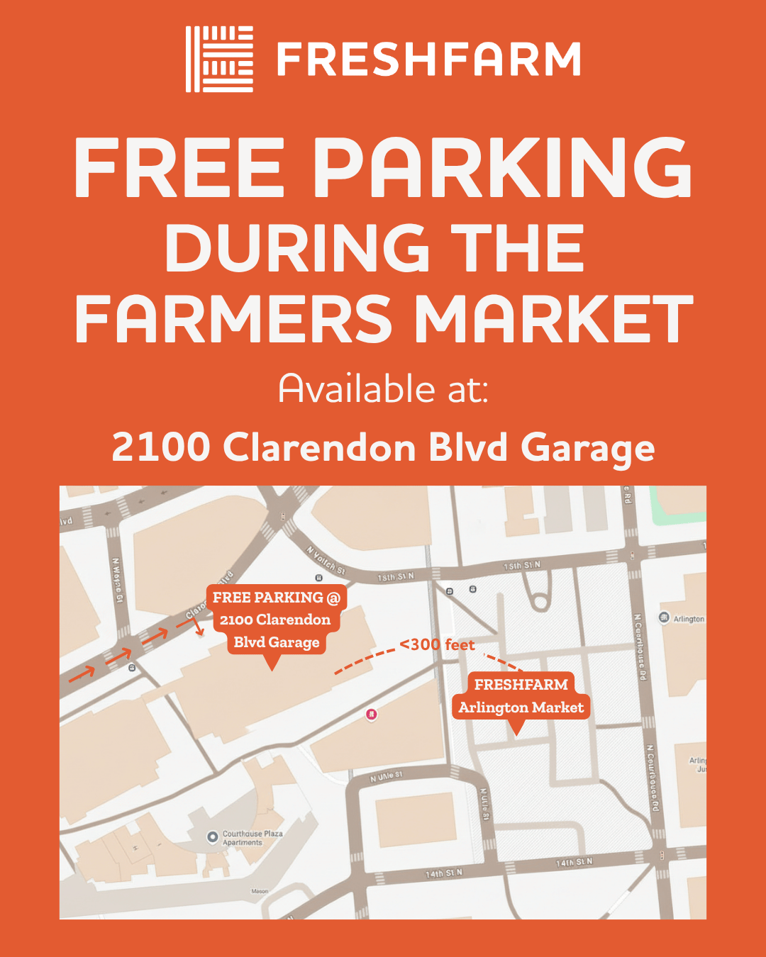 Getting to The Arlington farmers market: Utilize metro (Orange/Silver lines; Court House stop) OR park for free during the farmers market at the 2100 Clarendon Blvd Garage.